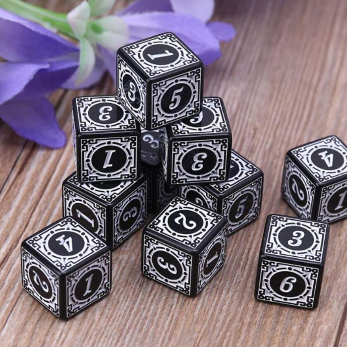 Set 10 zaruri cu cifre arabe si design, DICE02-BK, latura 15 mm, negru cu alb [4]