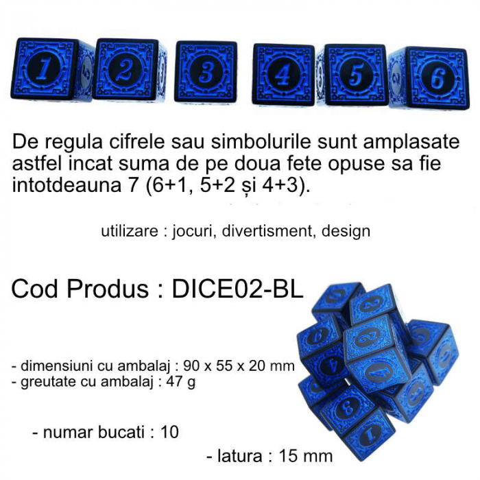 Set 10 zaruri cu cifre arabe si design, DICE02-BL, latura 15 mm, negru cu albastru [5]