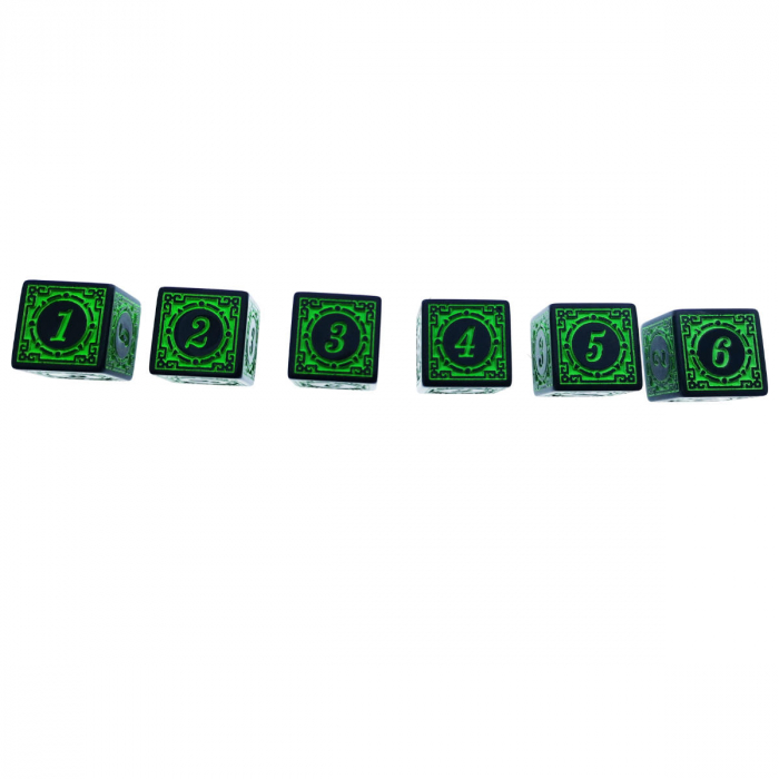 Set 10 zaruri cu cifre arabe si design, DICE02-G, latura 15 mm, negru cu verde [2]