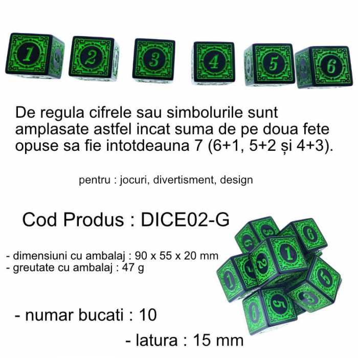 Set 10 zaruri cu cifre arabe si design, DICE02-G, latura 15 mm, negru cu verde [5]
