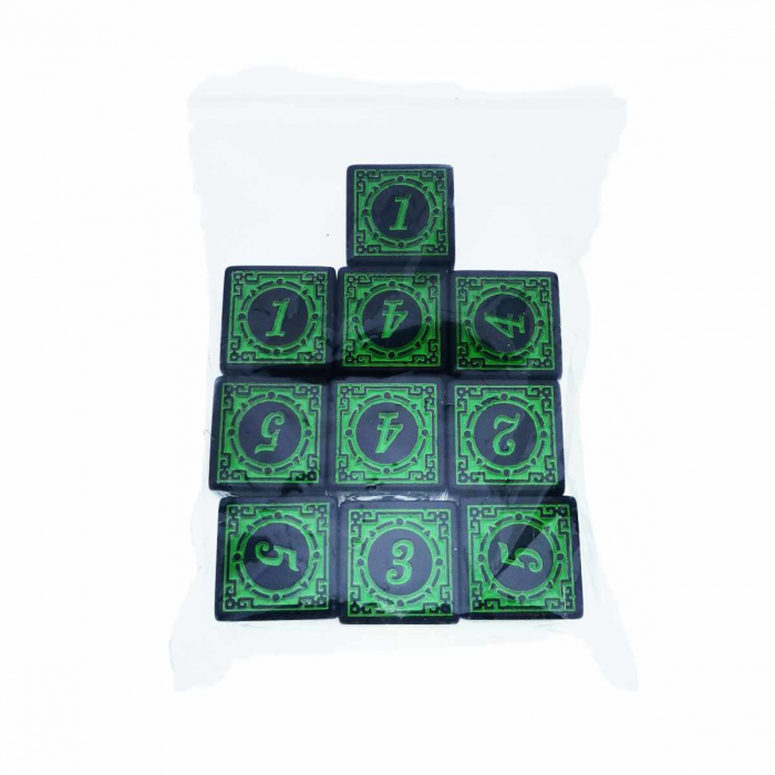 Set 10 zaruri cu cifre arabe si design, DICE02-G, latura 15 mm, negru cu verde [4]