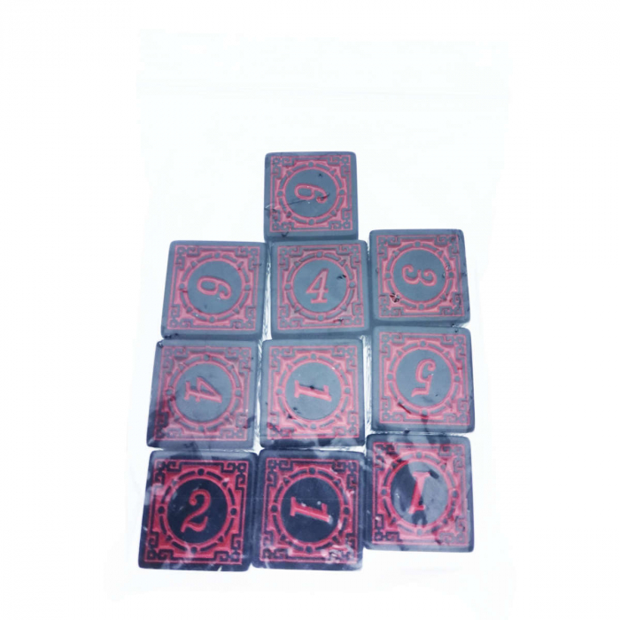 Set 10 zaruri cu cifre arabe si design, DICE02-R, latura 15 mm, negru cu rosu [4]