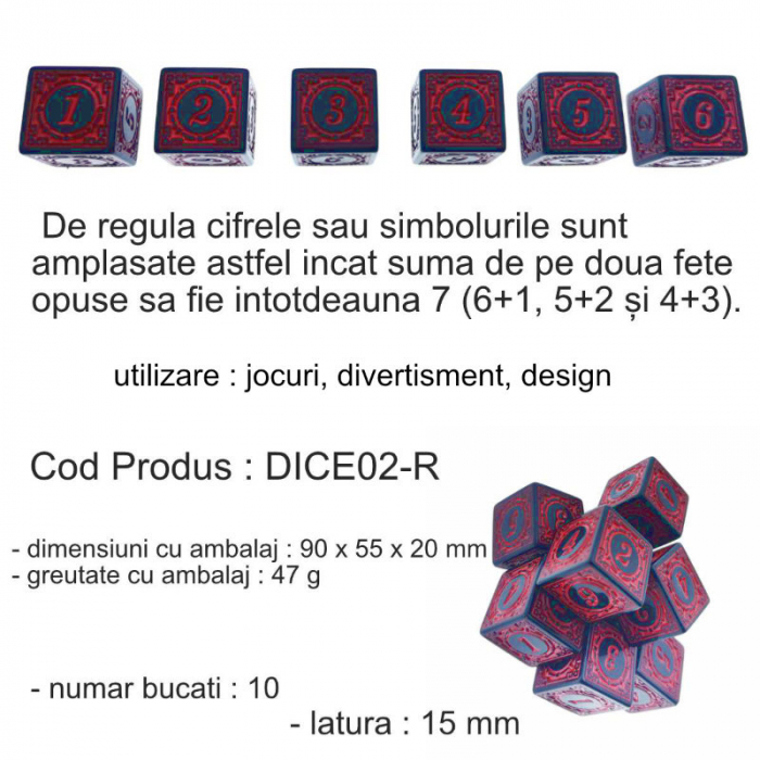 Set 10 zaruri cu cifre arabe si design, DICE02-R, latura 15 mm, negru cu rosu [5]