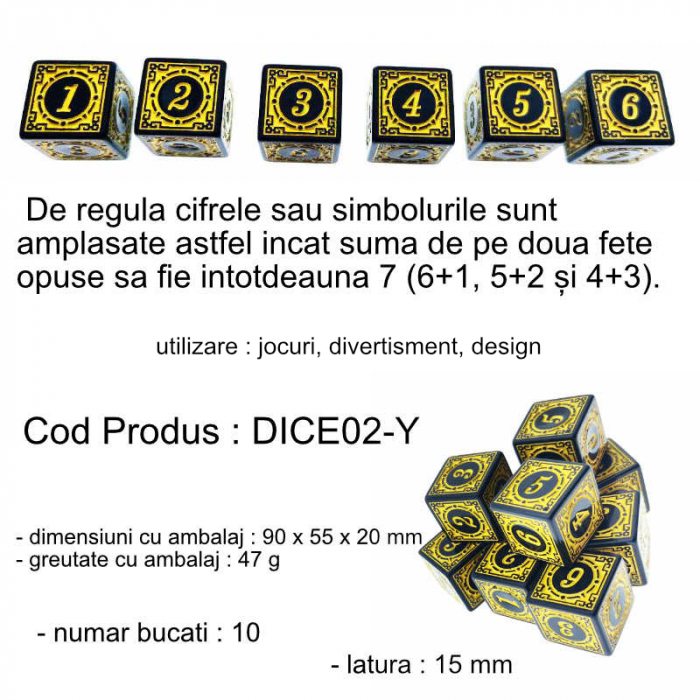 Set 10 zaruri cu cifre arabe si design, DICE02-Y, latura 15 mm, negru cu galben [6]