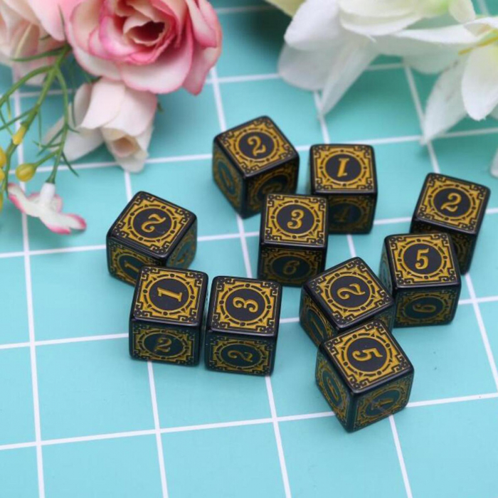 Set 10 zaruri cu cifre arabe si design, DICE02-Y, latura 15 mm, negru cu galben [5]
