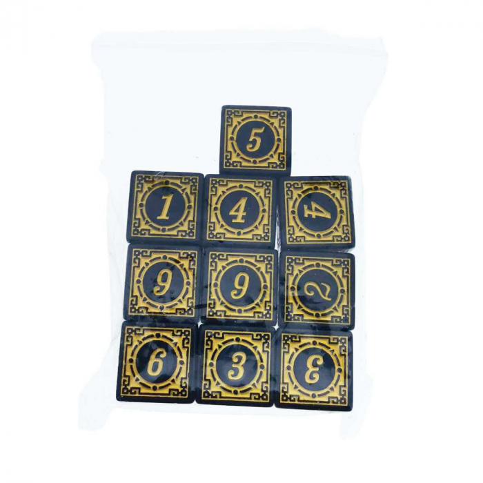 Set 10 zaruri cu cifre arabe si design, DICE02-Y, latura 15 mm, negru cu galben [4]
