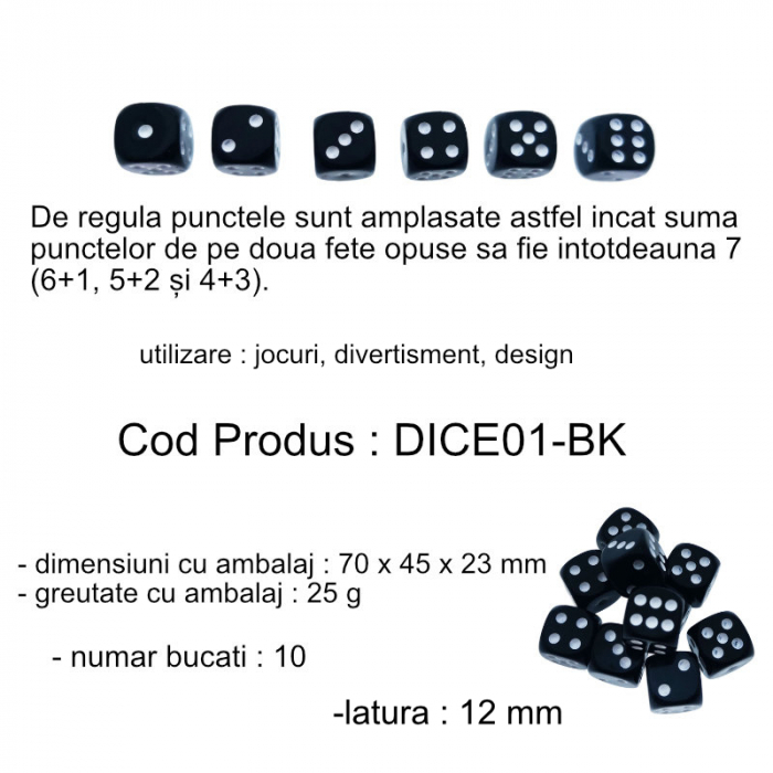 Set 10 zaruri negre cu puncte albe, DICE01-BK, cu latura de 12 mm [5]
