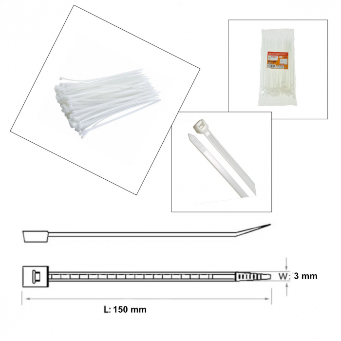 Set 100 bride din plastic, 3 x 150mm, cu autoblocare, tip colier, pentru fixare si legare, albe [3]