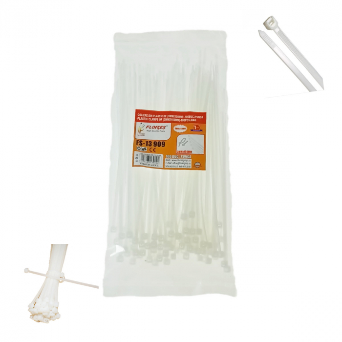 Set 100 bride din plastic, 3 x 150mm, cu autoblocare, tip colier, pentru fixare si legare, albe [4]