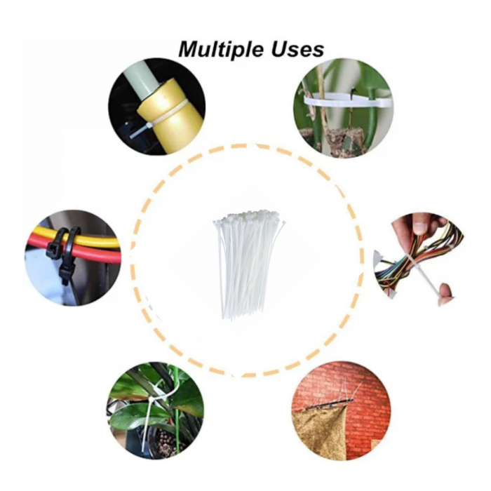 Set 100 bride din plastic, 3 x 200mm, cu autoblocare, tip colier, pentru fixare si legare, albe [5]
