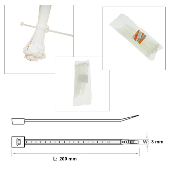Set 100 bride din plastic, 3 x 200mm, cu autoblocare, tip colier, pentru fixare si legare, albe [4]