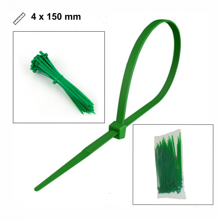 Set 100 bride din plastic, 4 x 150mm, cu autoblocare, tip colier, pentru fixare si legare, verde [4]