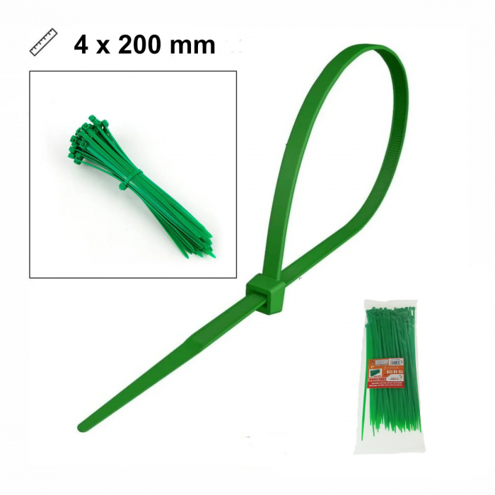 Set 100 bride din plastic, 4 x 200mm, cu autoblocare, tip colier, pentru fixare si legare, verde [5]