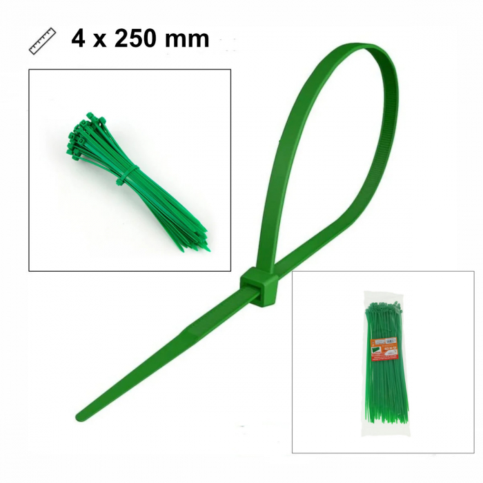 Set 100 bride din plastic, 4 x 250mm, cu autoblocare, tip colier, pentru fixare si legare, verde [5]