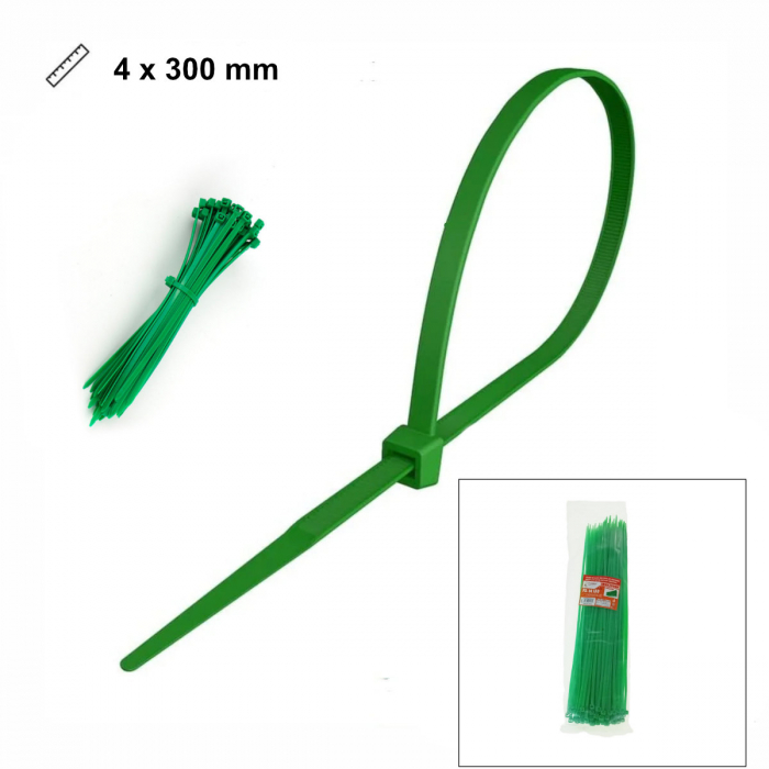 Set 100 bride din plastic, 4 x 300mm, cu autoblocare, tip colier, pentru fixare si legare, verde [3]