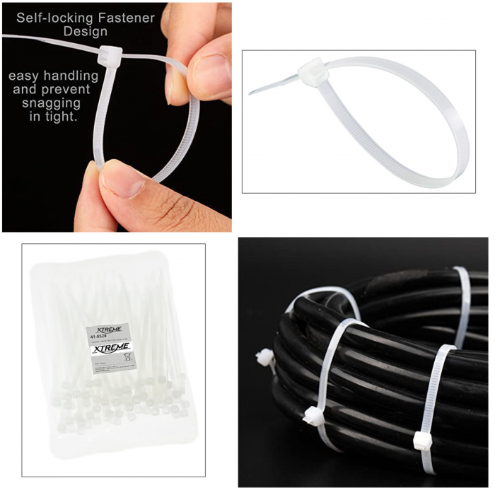Set 100 bride zimtate din nailon, 3.5x100mm, cu autoblocare, tip colier, Xtreme 06721, pentru fixare si legare, albe [4]