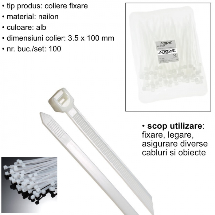 Set 100 bride zimtate din nailon, 3.5x100mm, cu autoblocare, tip colier, Xtreme 06721, pentru fixare si legare, albe [6]