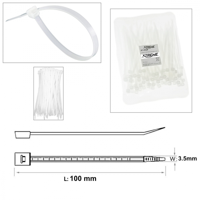 Set 100 bride zimtate din nailon, 3.5x100mm, cu autoblocare, tip colier, Xtreme 06721, pentru fixare si legare, albe [3]