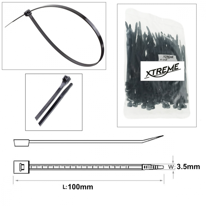 Set 100 bride zimtate din nailon, 3.5x100mm, cu autoblocare, tip colier, Xtreme 07153, pentru fixare si legare, negre [3]