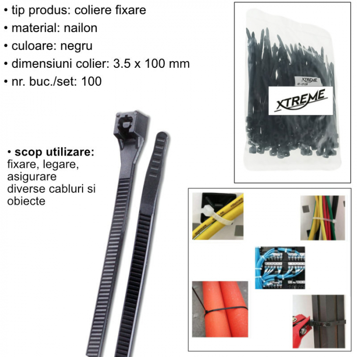 Set 100 bride zimtate din nailon, 3.5x100mm, cu autoblocare, tip colier, Xtreme 07153, pentru fixare si legare, negre [6]