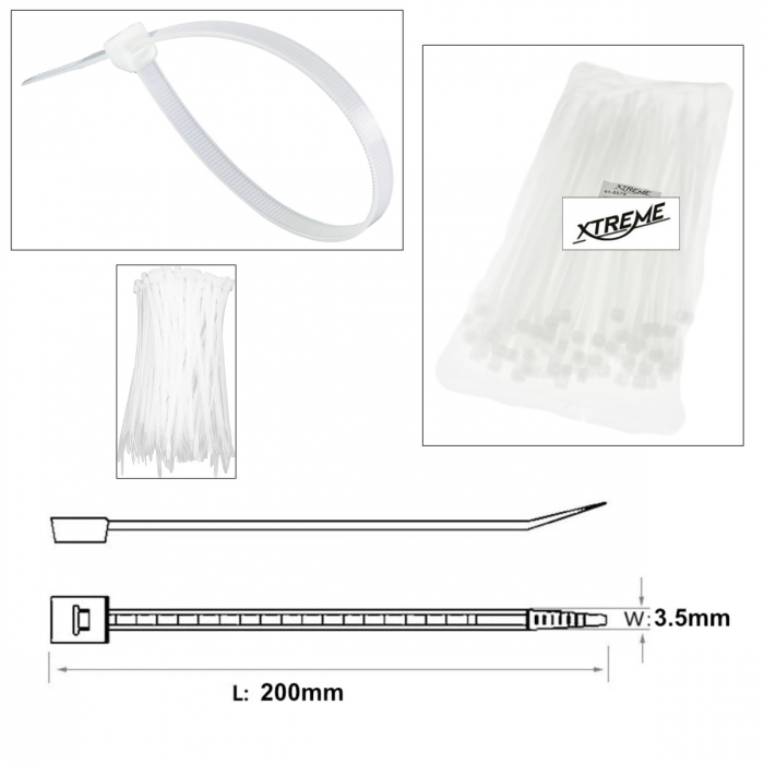 Set 100 bride zimtate din nailon, 3.5x200mm, cu autoblocare, tip colier, Xtreme 06726, pentru fixare si legare, albe [3]