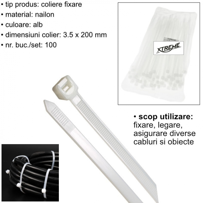 Set 100 bride zimtate din nailon, 3.5x200mm, cu autoblocare, tip colier, Xtreme 06726, pentru fixare si legare, albe [6]
