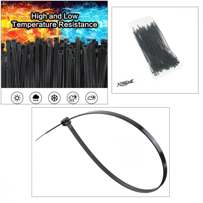 Set 100 bride zimtate din nailon, 3.5x200mm, cu autoblocare, tip colier, Xtreme 07157, pentru fixare si legare, negre [4]