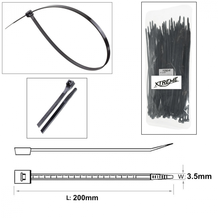 Set 100 bride zimtate din nailon, 3.5x200mm, cu autoblocare, tip colier, Xtreme 07157, pentru fixare si legare, negre [3]