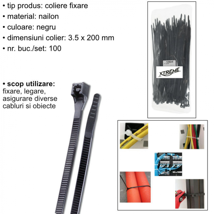 Set 100 bride zimtate din nailon, 3.5x200mm, cu autoblocare, tip colier, Xtreme 07157, pentru fixare si legare, negre [6]
