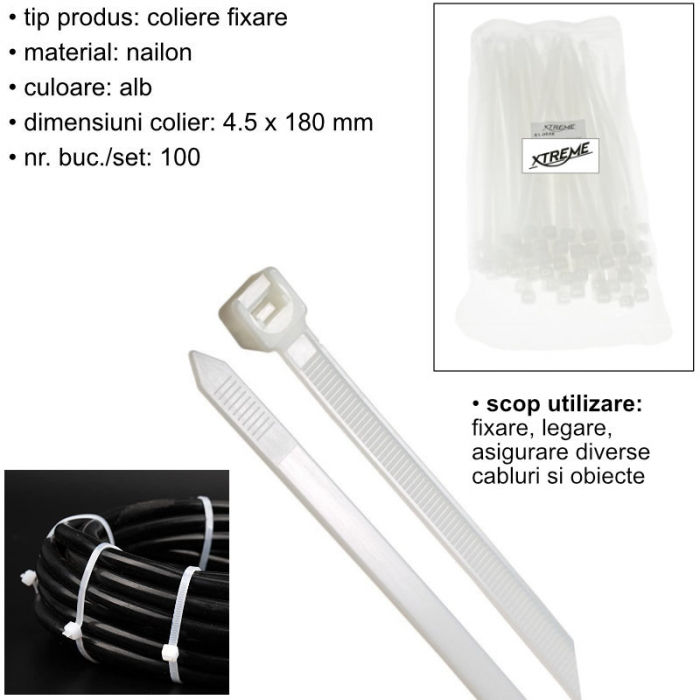 Set 100 bride zimtate din nailon, 4.5x180mm, cu autoblocare, tip colier, Xtreme 06734, pentru fixare si legare, albe [6]