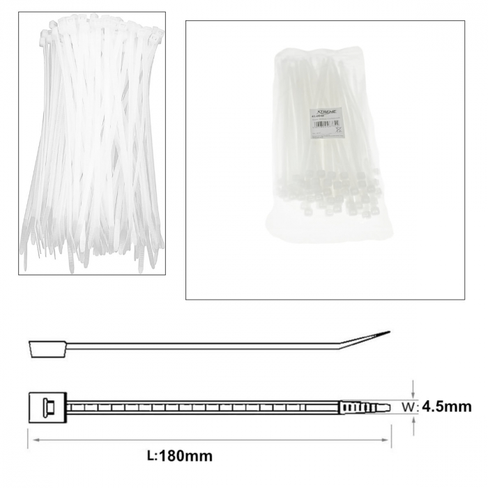 Set 100 bride zimtate din nailon, 4.5x180mm, cu autoblocare, tip colier, Xtreme 06734, pentru fixare si legare, albe [3]