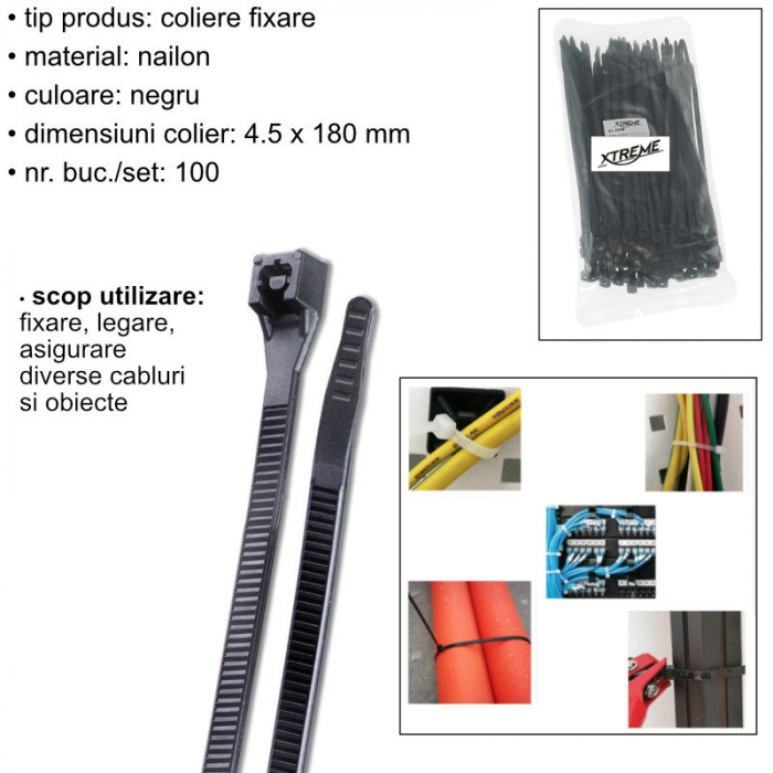 Set 100 bride zimtate din nailon, 4.5x180mm, cu autoblocare, tip colier, Xtreme 07162, pentru fixare si legare, negre [6]