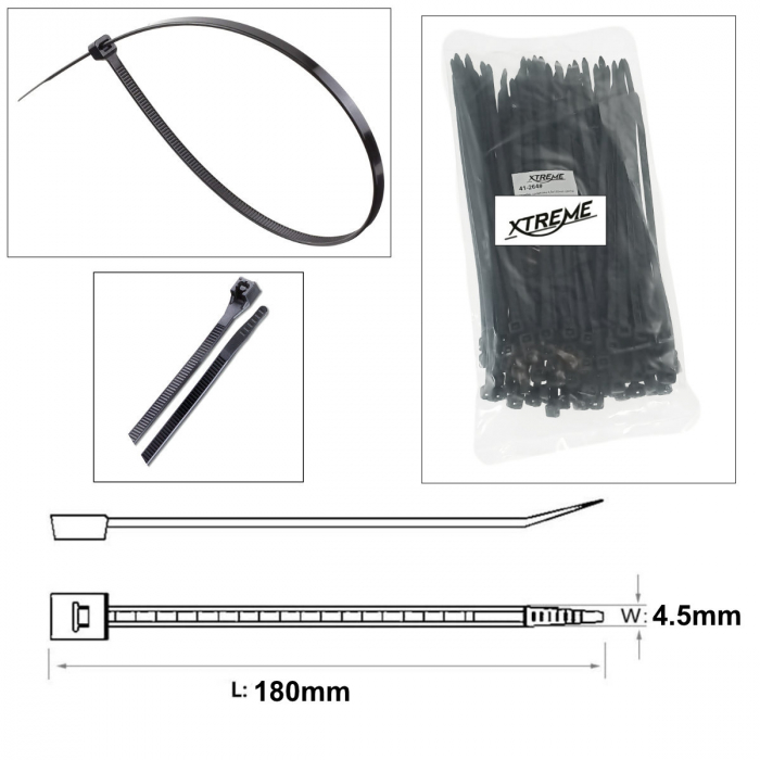 Set 100 bride zimtate din nailon, 4.5x180mm, cu autoblocare, tip colier, Xtreme 07162, pentru fixare si legare, negre [3]