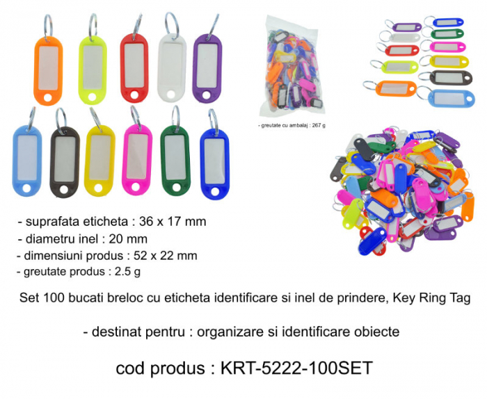 Set 100 bucati breloc cu eticheta identificare si inel de prindere, Key Ring Tag, 52 x 22 mm, din plastic, multicolor [6]
