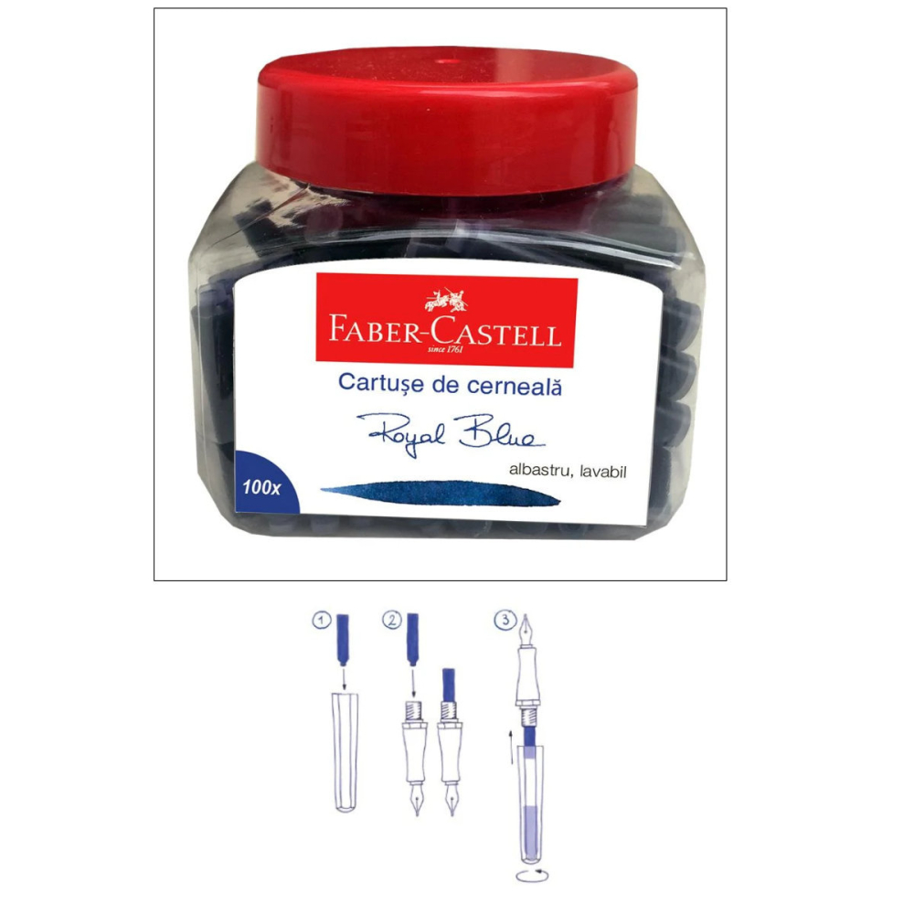 Set 100 Cartuse Cerneala pentru Stilou, Albastre, Faber-Castell, Standard International, Pentru Reincarcare Rapida si Usoara [4]