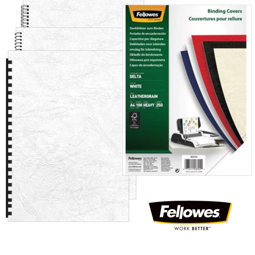 Set 100 coperti carton A4 alb, Fellowes, plastifiate cu polipropilena, 250 g/mp, pentru legare termica sau inele [3]
