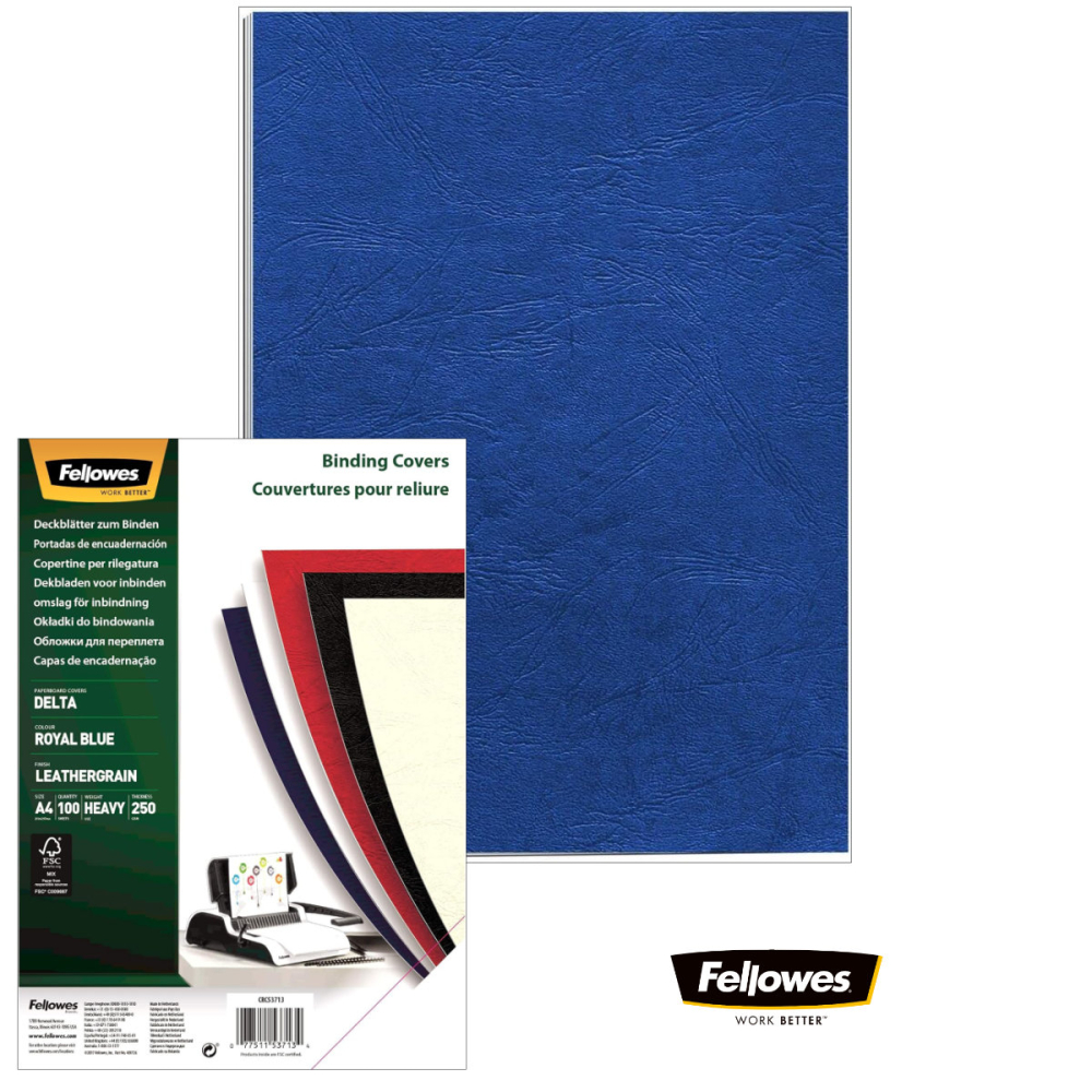 Set 100 coperti carton A4 albastru inchis, Fellowes, plastifiate cu polipropilena, 250 g/mp, pentru legare termica sau inele [2]
