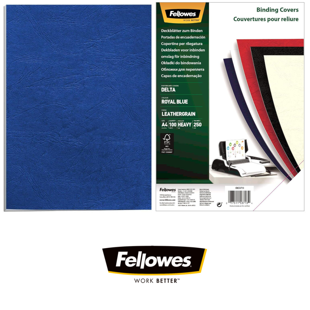 Set 100 coperti carton A4 albastru inchis, Fellowes, plastifiate cu polipropilena, 250 g/mp, pentru legare termica sau inele [3]