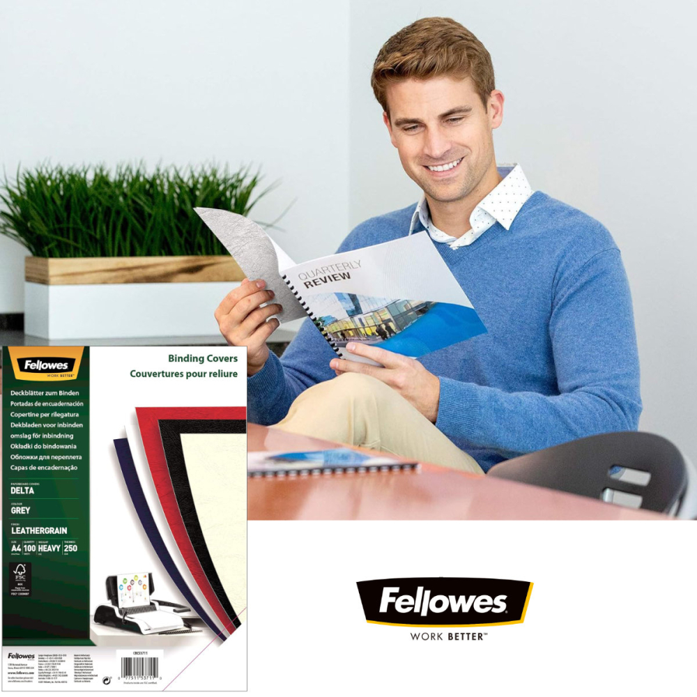 Set 100 coperti carton A4 gri, Fellowes, plastifiate cu polipropilena, 250 g/mp, pentru legare termica sau inele [3]