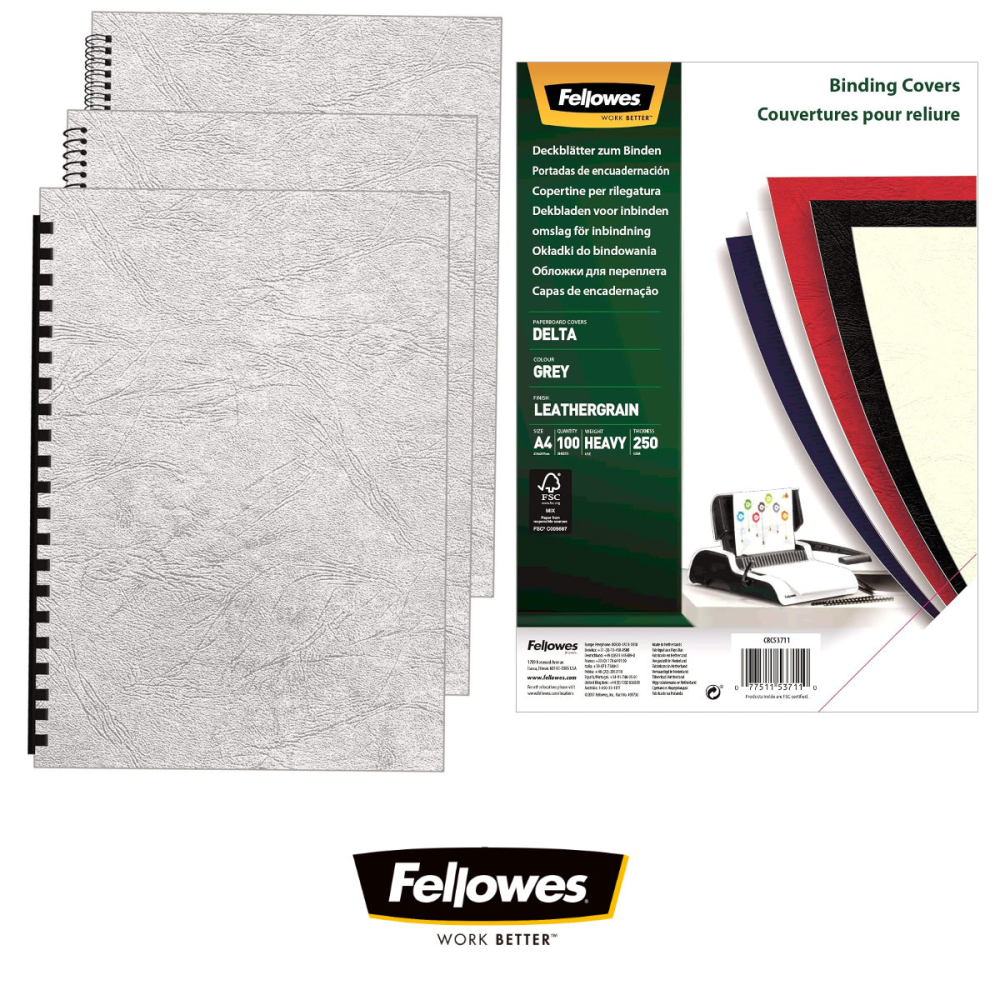Set 100 coperti carton A4 gri, Fellowes, plastifiate cu polipropilena, 250 g/mp, pentru legare termica sau inele [2]