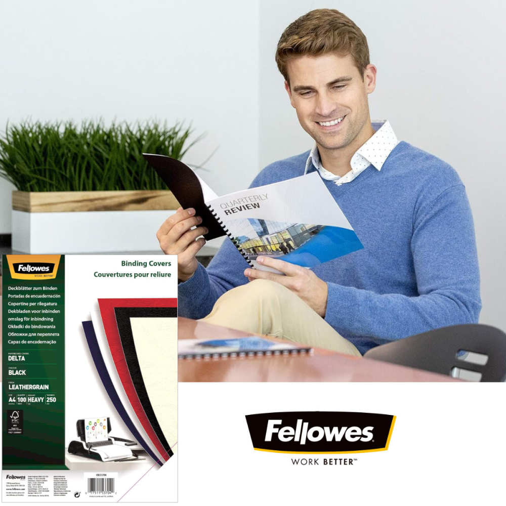 Set 100 coperti carton A4 negre, Fellowes, plastifiate cu polipropilena, 250 g/mp, pentru legare termica sau inele [3]