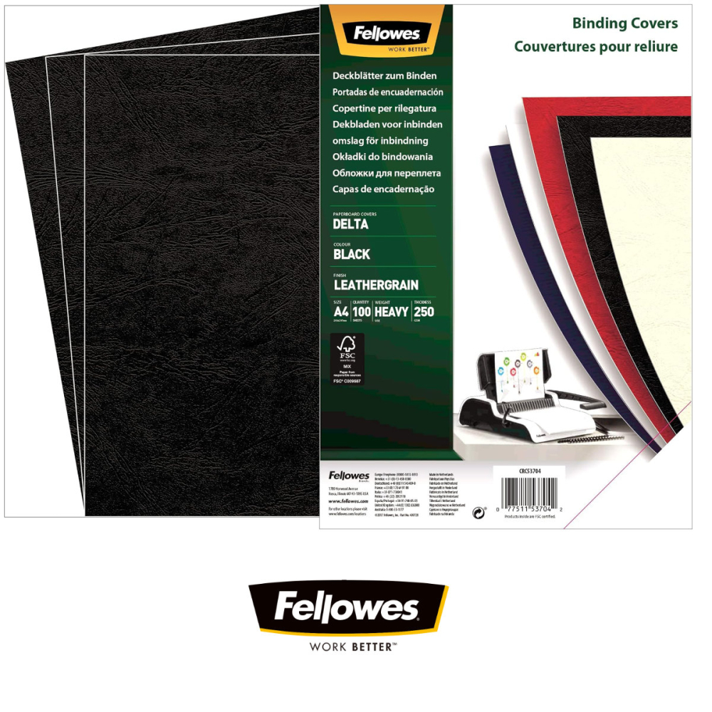 Set 100 coperti carton A4 negre, Fellowes, plastifiate cu polipropilena, 250 g/mp, pentru legare termica sau inele [2]