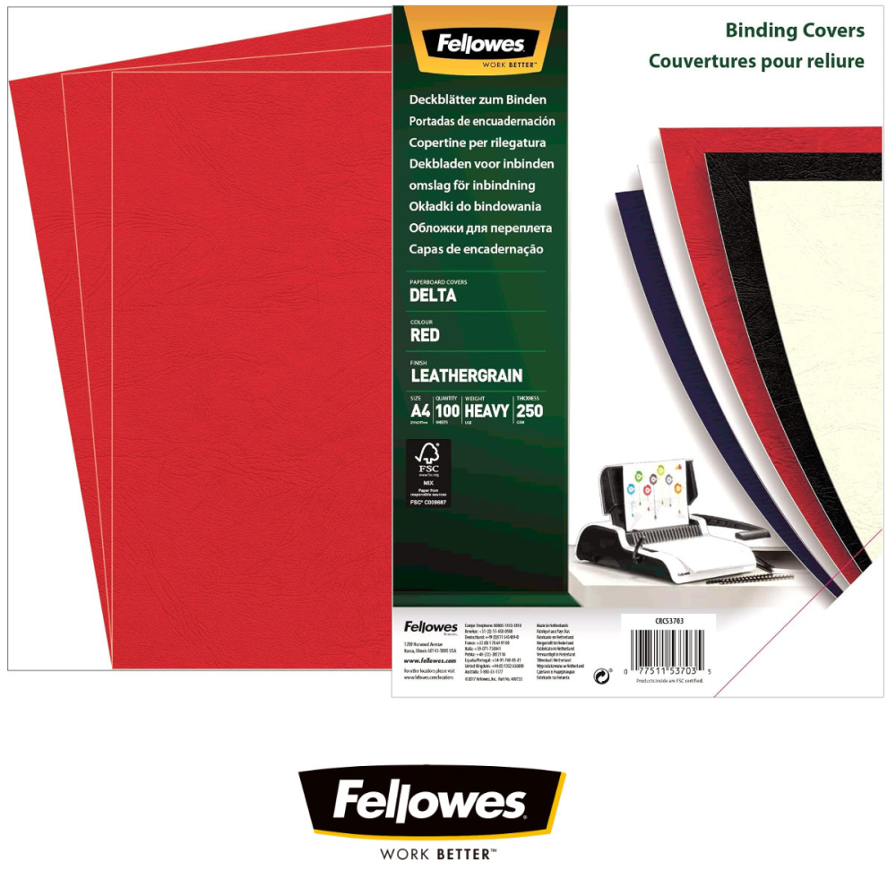 Set 100 coperti carton A4 rosii, Fellowes, plastifiate cu polipropilena, 250 g/mp, pentru legare termica sau inele [2]