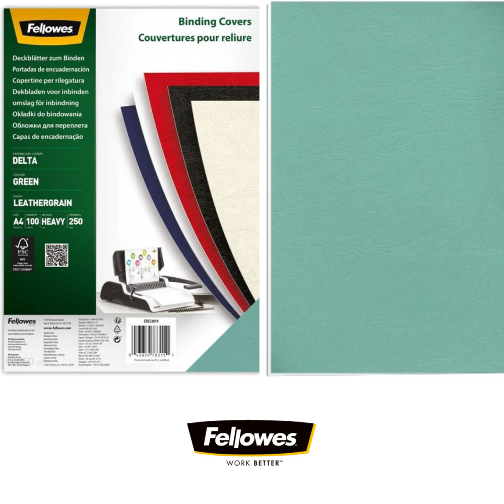 Set 100 coperti carton A4 verde deschis, Fellowes, plastifiate cu polipropilena, 250 g/mp, pentru legare termica sau inele [2]