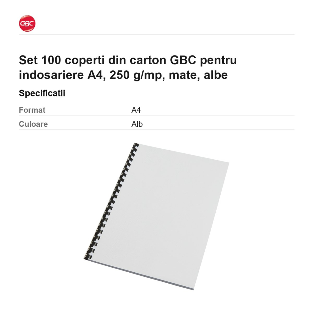 Set 100 coperti din carton GBC pentru indosariere A4, 250 g/mp, mate, albe [3]