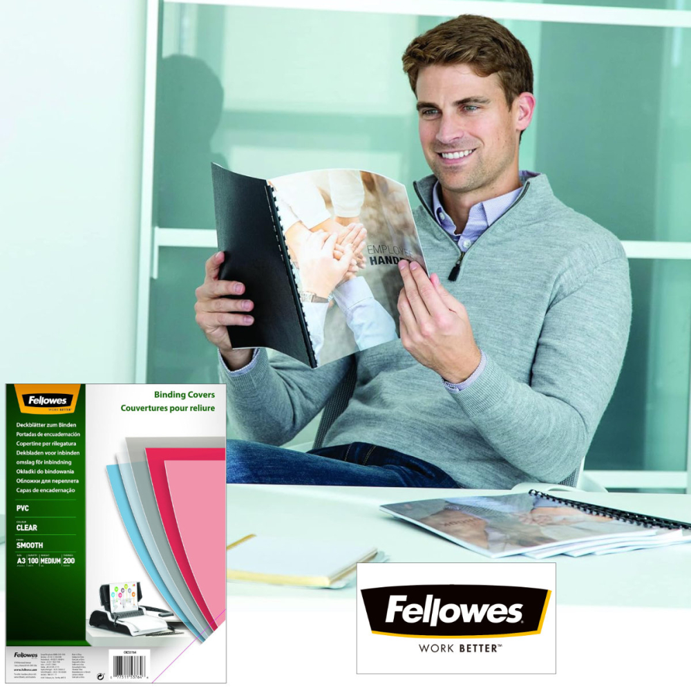 Set 100 coperti plastic A3 200 microni transparente, Fellowes, din PVC, pentru legare cu inele sau spirala [3]