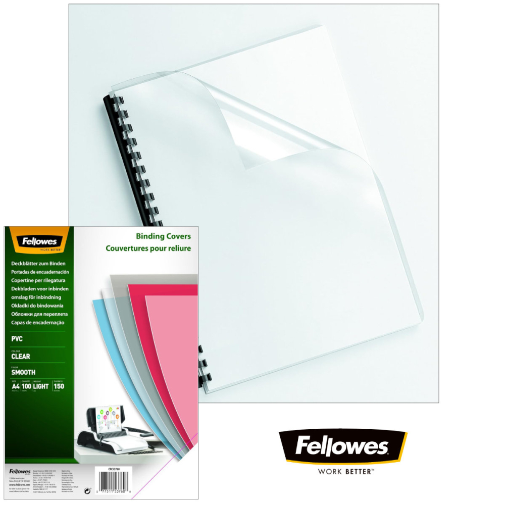 Set 100 coperti plastic A4 150 microni transparente, Fellowes, din PVC, pentru legare cu inele sau spirala [3]