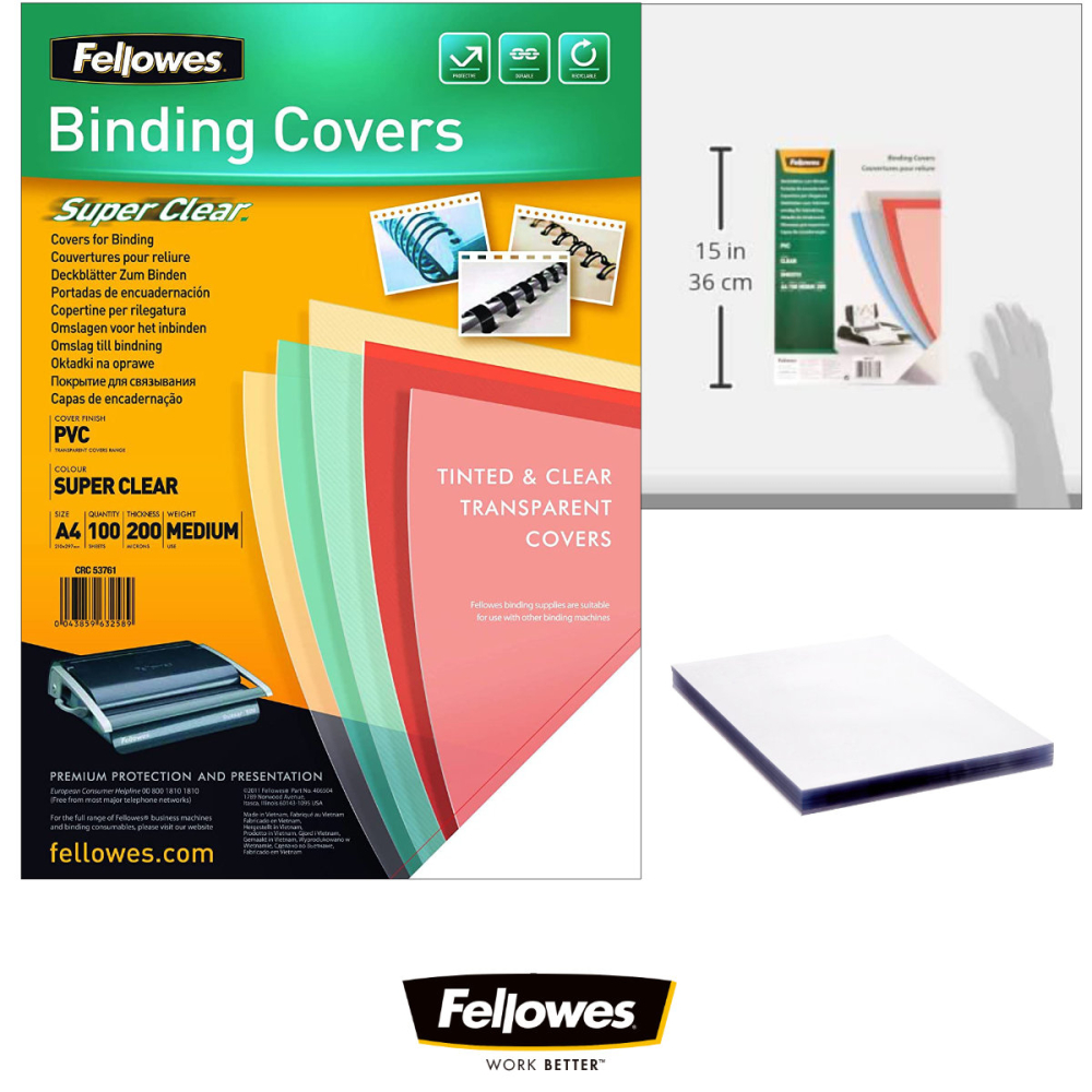 Set 100 coperti plastic A4 200 microni transparente, Fellowes, din PVC cristal flexibil, pentru legare cu spira [4]