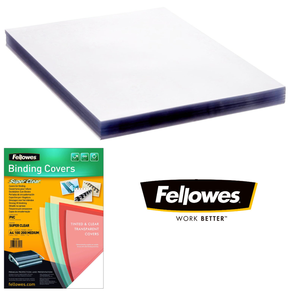 Set 100 coperti plastic A4 200 microni transparente, Fellowes, din PVC cristal flexibil, pentru legare cu spira [2]