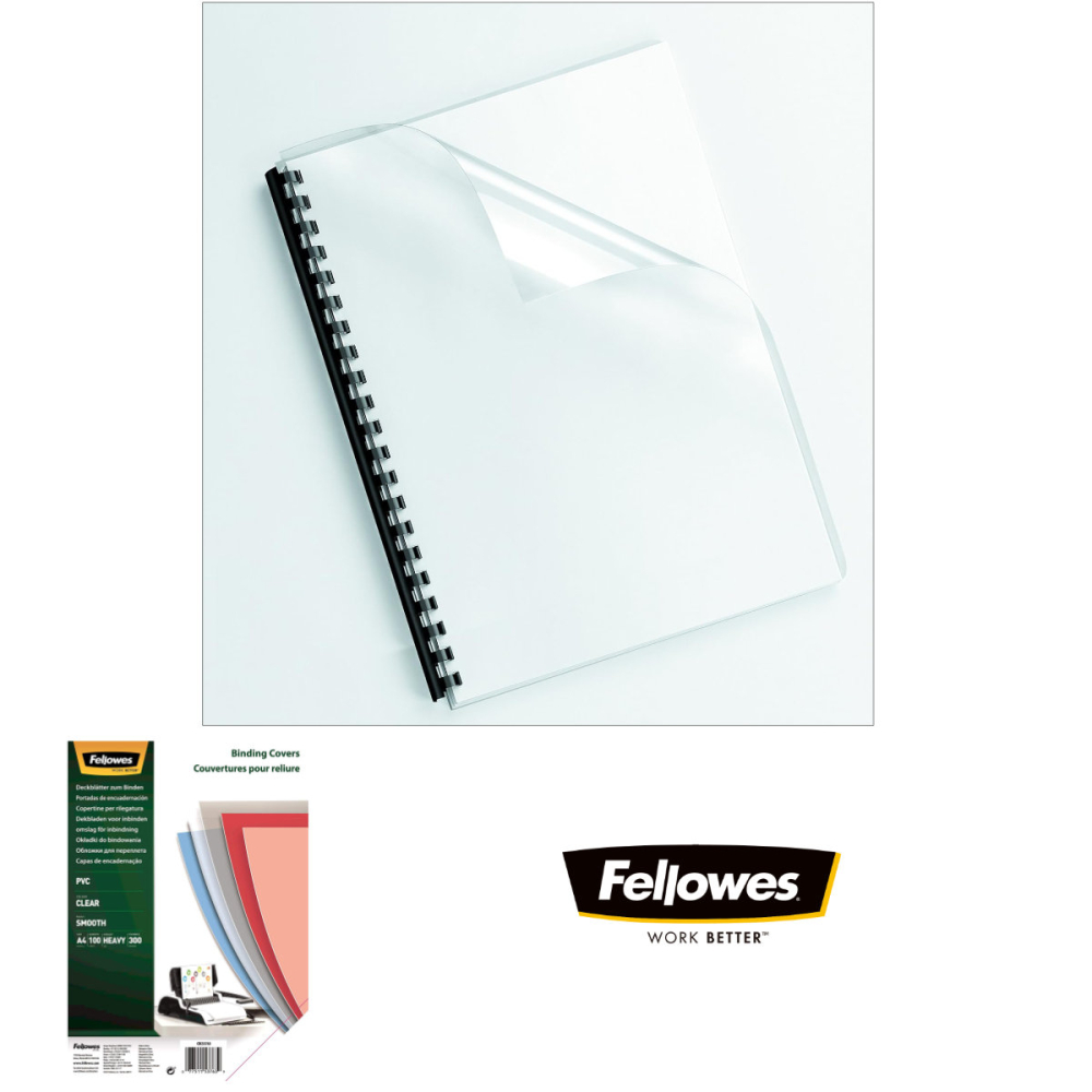 Set 100 coperti plastic A4 300 microni transparente, Fellowes, din PVC, pentru legare cu inele sau spirala [3]